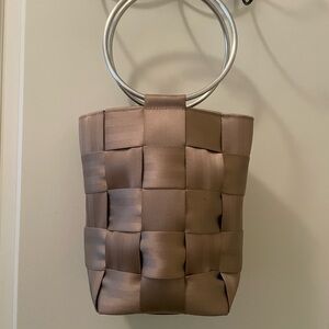 Taupe Woven Handbag with Silver Handles